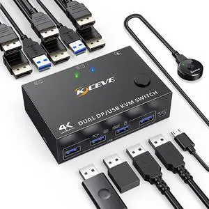 KCEVE DP KVM Switch 2 Computer 2 Monitors, USB 3.0 Version Dual Monitors Displayport KVM Switcher Supports 4K@60Hz for 2 Computers Share Keyboard, Mouse and Monitor