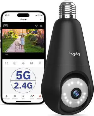 Hugolog 2K 3MP Light Bulb Security Camera 5G& 2.4GHz WiFi, 360deg Wireless Outdoor Indoor Camera for Home, Motion Detection, Two-Way Talk, Color Night Vision, Siren Alarm, Compatible with Alexa