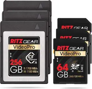 RITZ GEAR VideoPro CFExpress Type B 256GB Card (1700/1100 R/W) (Not Recommended for Nikon Cameras). + UHS-II 64GB SDXC Memory Card U3 V60 A1(Pack of 3 Units)