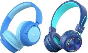 iClever BTH03 & BTH22 Kids Bluetooth Headphones, Stereo Sound Mic, Foldable, Safe Volume, Kids Headphones Wireless with Mic AUX Cord for iPad/Tablet/Trave/School, Blue