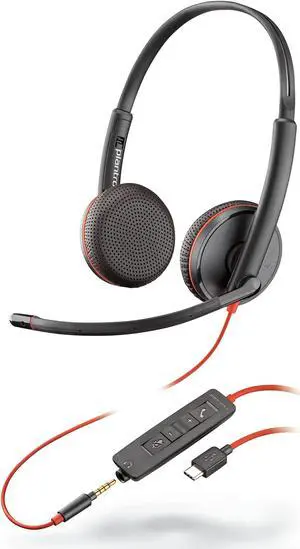 Plantronics Blackwire C3225 Stereo Headset with USB-C & 3.5mm Connection, Noise Cancelling, Soundguard and Flexible Microphone Arm - Black