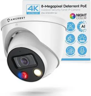 Amcrest UltraHD 4K (8MP) IP POE AI Camera, 4K @30fps, 98ft Night Color Vision F1.0, Security Outdoor Turret Camera, Vehicle & Human Detection, Active Deterrents, Built in Microphone, IP8M-DT3949EW-3AI