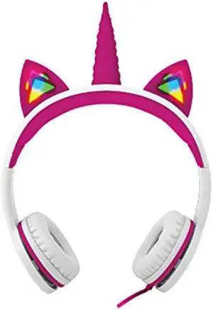 Gabba Goods White Pink Unicorn LED Light Up Headphones for Kids SafeSounds Kids Headphones with Volume Limiter, Foldable