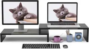WESTREE Dual Monitor Stand Riser - 2 Shelf Computer Monitor Stand with Adjustable Length and Angle, Monitor Stands for 2 Monitors, Desktop Organizer Stand for PC, Computer, Laptop