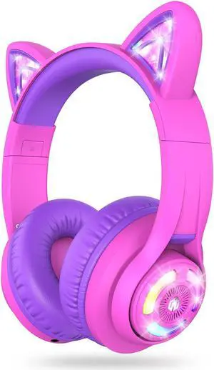 iClever Cat Ear Kids Bluetooth Headphones, LED Lights Up, 74/85/94dB Volume Limited, 50H Playtime,Bluetooth 5.2, USB C,Kids Headphones Wireless Over Ear for Travel iPad Tablet, Meow Macaron-Hot Pink