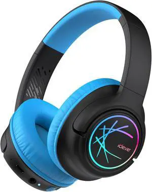 iClever Kids Bluetooth Headphones with LED Lights, BTH18 Safe Volume 74/85/94dBA, 43H Playtime, Bluetooth5.3 Kids Headphones Wireless Aux Cord for iPad Tablet Travel School, Black