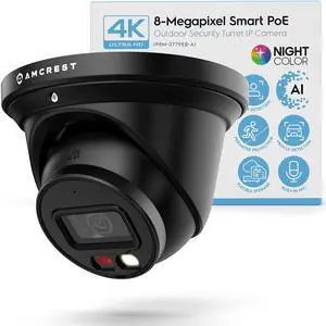 Amcrest 4K Night Color AI Turret IP PoE Camera 49ft Full Color Nightvision, Security IP Camera, Built-in Microphone, Human Detection, Perimeter Protection, 129deg FOV, 4K@15fps IP8M-2779EB-AI (Black)