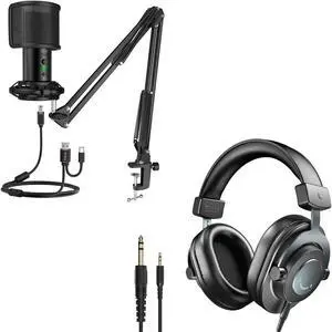 FIFINE USB Microphone Kit, 3.5mm/6.35mm Headphones Studio Recording Monitoring, Gaming Streaming Mic Set with USB C & A, Over Ear Wired Headphones with Adjustable Headband for YouTube (T683+H8)