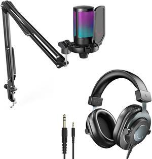 FIFINE Podcast Condenser Mic Kit and 3.5mm/6.35mm Wired Headphones, RGB Computer Mic for PS4/5 PC Gamer Youtuber, Streaming Monitoring Black Headphones with Detachable Cables, on PC/Mixer (A6T+H8)