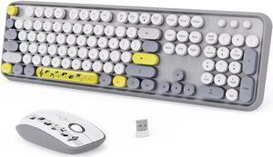 Wireless Keyboard Mouse Combo,Retro Typewriter Keyboard with Round Keycaps,2.4G Wireless Full Size Office Keyboard and Cute Mouse with 3 DPI for PC Mac Laptop Desktop Tablet Computer-Grey Colorful