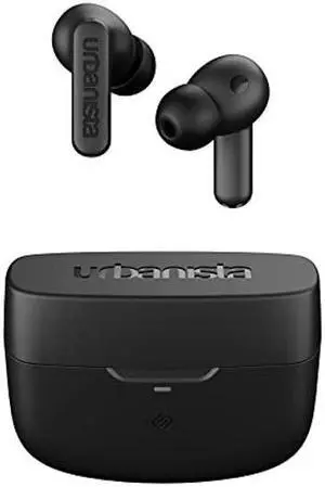 Urbanista Hybrid Active Noise Cancelling Wireless Earbuds, Deep Bass Splash Resistant Headphones, Bluetooth Multipoint Earphones, Transparency Mode, Wireless Charging Case, Atlanta, Midnight Black