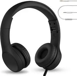 LilGadgets Connect+ Pro Kids Headphones with Mic and Cord, SharePort Technology, Over-Ear Foldable Headset, Volume Limit 93db, Wired Inline 3.5mm Jack for School- Black