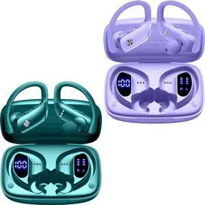 bmani 2 Sets Wireless Earbuds Bluetooth Headphones 48hrs Play Back Sport Earphones with LED Display Over-Ear Buds with Earhooks Built-in Mic Headset for Workout Green+Purple