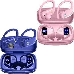 bmani 2 Sets Wireless Earbuds Bluetooth Headphones 48hrs Play Back Sport Earphones with LED Display Over-Ear Buds with Earhooks Built-in Mic Headset for Workout Blue+Pink