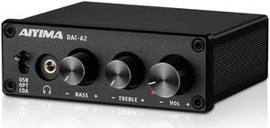 AIYIMA DAC-A2 Headphone Amplifier DAC with Bass Treble Controls PC-USB/Optical/Coaxial Inputs, RCA/3.5mm Headphone Ouput Digital to Analog Desktop Audio Converter 5V 24Bit 192kHz