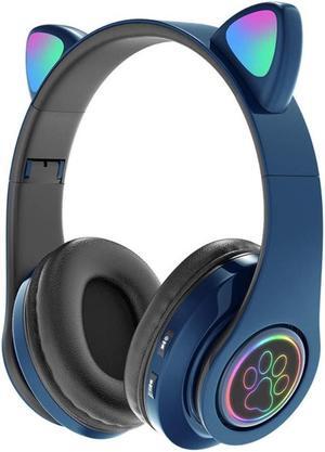 Amazing 7 Cat's Ears LED Bluetooth Headphones, Active Noise Cancelling Headphones, Wireless Headsets Over Ear, 8Hours Playtime, Hi-Fi Stereo, Deep Bass for Music Game DJ (Peacock Blue)
