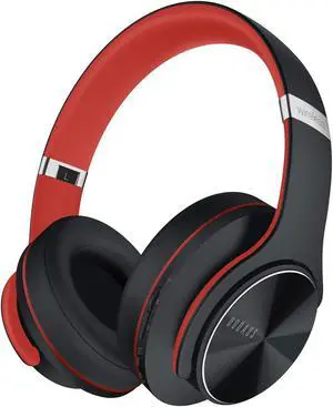 DOQAUS Bluetooth Headphones Over Ear, 90 Hours Playtime Wireless Headphones with 3 EQ Modes,HiFi Stereo Headphones with Microphone and Soft Protein Earpads for iPhone/TV/PC/Home Office (Black-Red)