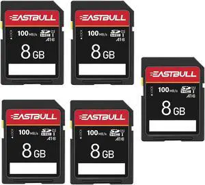5-Pack of SD Card 8GB EASTBULL Class 10 SD Card U1 V30 High-Speed 100MB/s Read SDHC Memory Card for Camera, Full HD Video, with 5 Mini Cases (8 GB, 5 Pack)