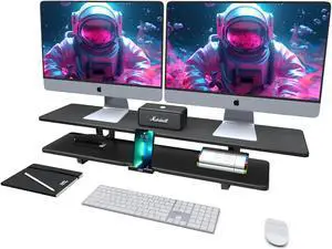 ECO-WILL Dual Monitor Stand, Computer Monitor Riser for 2 monitors, 2 Tiers Wood Monitor Stand Desk Shelf with Storage Organizer and Cable Management for Office Desk Accessories,Black