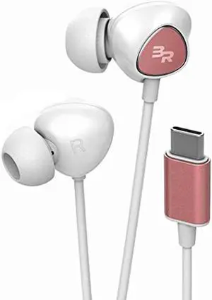 Bolle & Raven USB-C Headphones with Mic, in-Ear Wired Earphones with Inline Remote + Microphone for Type-C Phones Including Pixel 6/7/8 Pro, Galaxy S20/S21/Plus/S22/S23/S24 Ultra (V100 Rose Gold)