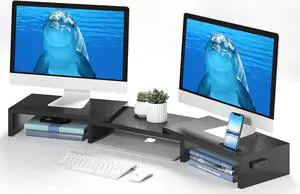 BONTEC Dual Monitor Stand with Smartphone Holder, Adjustable Length & Swivel Angle Wooden Desktop Organizer Stand PC Riser for PC Monitor Laptop Printer