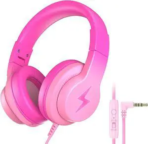 Kids Headphones, Wired Headphones for Kids Over Ear with Microphone, 85/94dB Volume Limiter Headphones for Girls Boys with Sharing Jack, Foldable Headphones for Online Study, Gradient Deep Pink