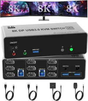 8K@60Hz KVM Switch 3 Monitors 2 Computers 4K@144Hz, DP 1.4 Displayport KVM Switch Triple Monitor for 2 Computer Share 3 Monitor, Audio Mic Port and 3 USB3.0 Devices Support Extended and Copy Mode