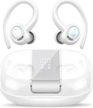 Headphones Wireless Earbuds Sport, Bluetooth 5.3 Over Ear Buds Stereo Deep Bass Headset with Earhooks, 48H Wireless Earphones with HD Mic, IP7 Waterproof Earbud for Sports/Running/Workout White