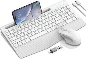 Wireless Keyboard and Mouse Combo, Ergonomic Keyboard with Wrist Rest, Phone Holder, Sleep Mode, 2.4G Lag-Free Rechargeable Compact Silent Cordless Keyboard Mouse for Windows, Mac, Laptop, PC (White)