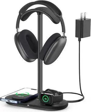 HiWe 3-in-1 Headphone Stand - Universal Desktop Gaming Headset Holder with Wireless Charger for Phones/AirPods/iWatch, Aluminum Alloy Rod, Leather Pad, ABS Solid Base, Black
