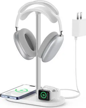 HiWe 3-in-1 Headphone Stand - Universal Desktop Gaming Headset Holder with Wireless Charger for Phones/AirPods/iWatch, Aluminum Alloy Rod, Leather Pad, ABS Solid Base, White