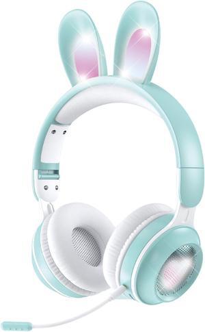 Kids Wireless Bluetooth Headphones with Microphone, Children Cute Cat Ear Girl Headphones for School, Green Kindergarten Light up Kawaii Noise Cancelling Headphones for Kids Teens Child Airplane