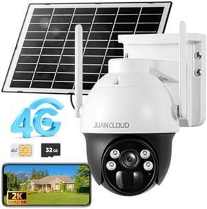 JUANCLOUD 4G LTE Cellular Security Camera Outdoor includes SD&SIM Card, 4MP No WiFi, Solar Powered 18000mAH, 2K Live 360deg, Color Night Vision, Motion&Siren Alerts