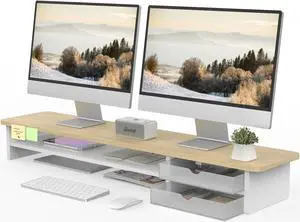 Fenge Monitor Stand, Dual Monitor Riser, 42.5inch Large Desk Computer Monitor Stand Riser with Drawer, 2 Tier Wood & Acrylic Desktop Organizer for Computer, Laptop, Printer, TV Screen Riser