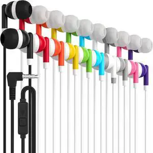 Maeline Bulk Earbuds with Microphone, Noise Isolating in-Ear Headphones for Classroom, Library, Travel, 3.5mm Wired Student Earbuds Earphones for iPhone, Android, MP3 Player - 20 Pack - Multi Color