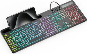 MARVO Large Print Backlit Keyboard, WK712 Wired Computer Keyboard with 7 Colors & 11 Modes Backlight, Silent Light Up Keyboard with Tablet Phone Holder, Full-Size Gaming Keyboard for Windows, Mac