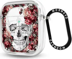 MOSNOVO Floral Skull Hybrid Protective AirPods Case with Luxe Metal Ring, Compatible with AirPods 1 & 2, Stylish Yet Protection