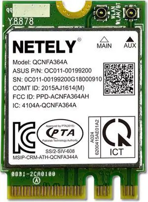 NETELY IEEE 802.11AC WiFi 5 NGFF M2 Interface 1200Mbps WiFi Adapter with Bluetooth 4.2 for Laptop PCs and Desktop PCs, 2.4GHz 300Mbps and 5GHz 867Mbps, ASUS P/N: 0C011-00199200 (QCNFA364A)