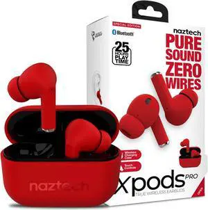 Naztech Xpods PRO - True Wireless Noise Cancelling Earbuds w/Touch Control, IPX4 Water-Resistant, HD Sound, Secure Fit for Sports, Gym Workouts & More, includes Wireless Charging Case - Red