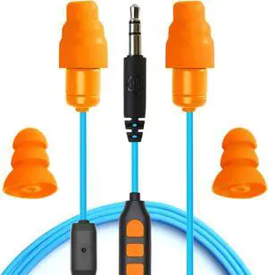 Plugfones Guardian Plus in-Ear Earplug Earbud Hybrid - Noise Reduction in-Ear Headphones with Noise Isolating Mic and Controls (Orange & Blue)