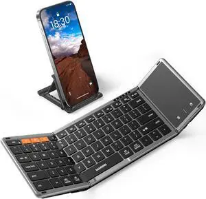 Samsers Foldable Bluetooth Keyboard with Touchpad, Full-Size Wireless Folding Keyboard with PU Leather, Portable Travel Keyboard for iOS Android Windows Mac OS, Support 3 Devices (BT5.1 x 3)