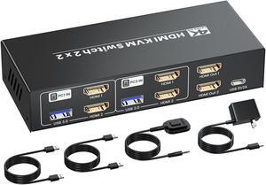 HDMI KVM Switch 2 Minitors 2 Computers, USB 3.0 4K@60Hz Dual Monitor HDMI KVM Switch 2 in 2 Out for 2 PC Share 2 Monitors and 1 Set of Keyboard Mouse and Other USB Devices, Copy Mode & Extended Mode