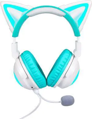KUQIRMAOERJI Wireless Cat Ear Headphones (12 Color Changing) with Connectable Attachable HD Mic & Mic Mute Button, 3.5mmJack, EQ Special Sound Gaming Pro (Green)