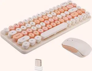 Compact Wireless Keyboard and Mouse Combo, Colorful Round Keycap, Soundless 68 Keys, Suitable for Girls and Kids, Compatible with Notebook, PC (Milk Tea)