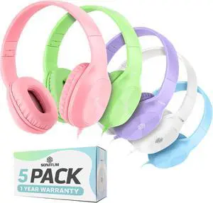 Sonitum Kids Headphones for School Bulk Set 5-Pack On-Ear, 3.5mm, Wired Headphones for Schools & Libraries - Adjustable, Cushioned Headphones (Mixed Colors)