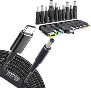 USB C to DC Adapters 19 Set Power Plug Kit - Universal Charger Supply Cable Braided PD Cord & 5.5x2.1mm Round Barrel Jack for MSI Acer Asus Thinkpad IBM Lenovo Dell HP Laptop Charging Connector Tips