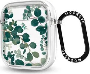 MOSNOVO for Airpods 1 Case, for Airpods 2 Case, Eucalyptus Print Protective Clear Case with Shockproof Dual Layer Hard Luxe Metal Ring Designed for AirPods 1&2 Generation