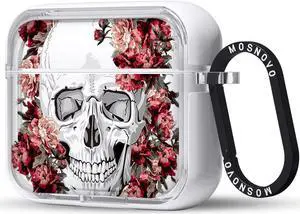 MOSNOVO for Airpods 3 Case, for Airpods 3 Cover, Red Flower Skull Print Protective Clear Case with Shockproof Dual Layer Hard Luxe Metal Ring Designed for AirPods 3rd Generation
