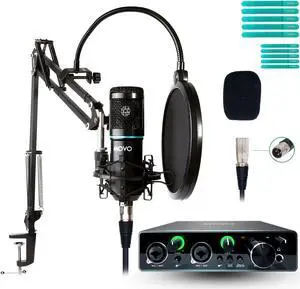 Movo PodPakA Universal Cardioid Condenser Microphone Kit with MDX-1 2x2 Audio Interface with Articulating Scissor Arm Mic Stand - Podcast Equipment Set for YouTube, Podcast, Streaming