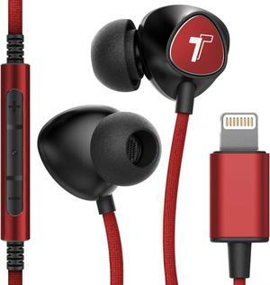 Thore iPhone Earphones (Apple MFi Certified) V110 in Ear Braided Wired Lightning Earbuds (Sweat/Water Resistant) Headphones with Mic/Volume Remote for iPhone 12/13/14 Pro Max - Red